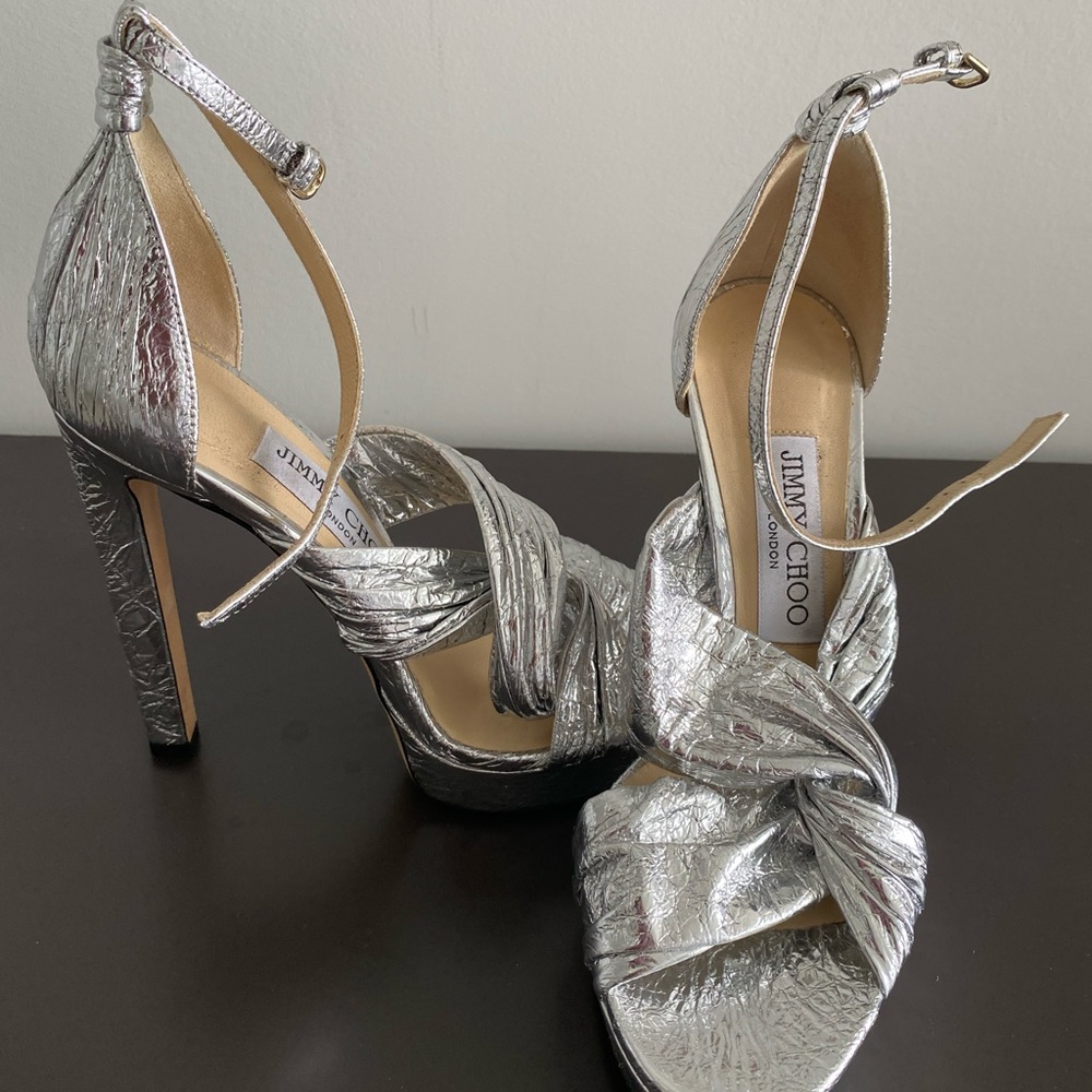 JIMMY CHOO SILVER PLATFORM HEELS SANDALS 36.5